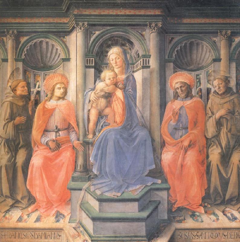 Madonna and Child Enthroned with Sts Francis,Damian,Cosmas and Anthony of Padua, Fra Filippo Lippi
